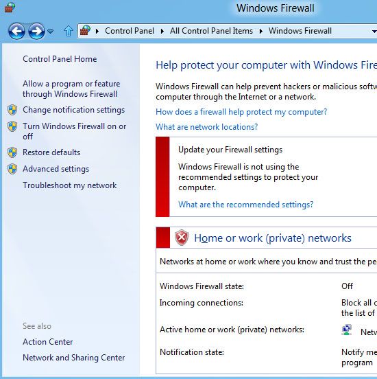 Cómo saber si una computadora tiene virus - disable_firewall_windows8_7