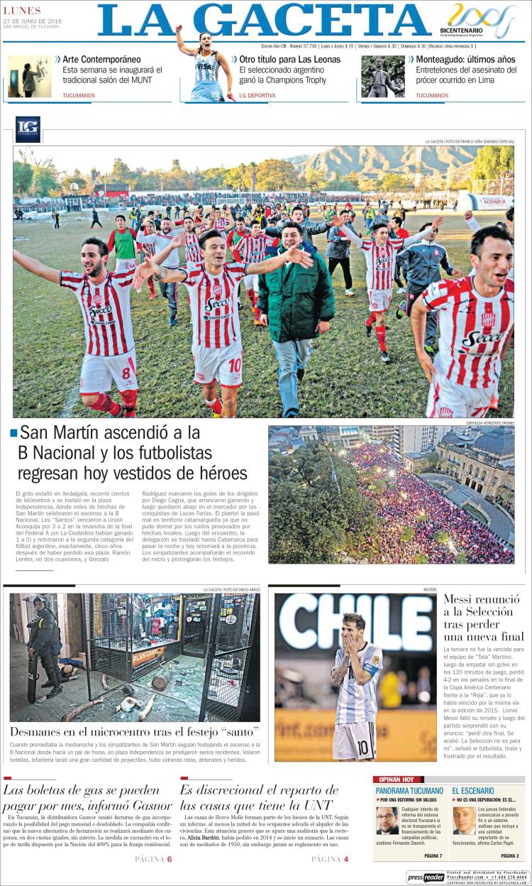 Portadas en Argentina tras perder la final de Copa América - gaceta