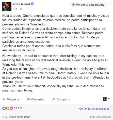 Rafael Nadal se retira de Wimbledon - nadal