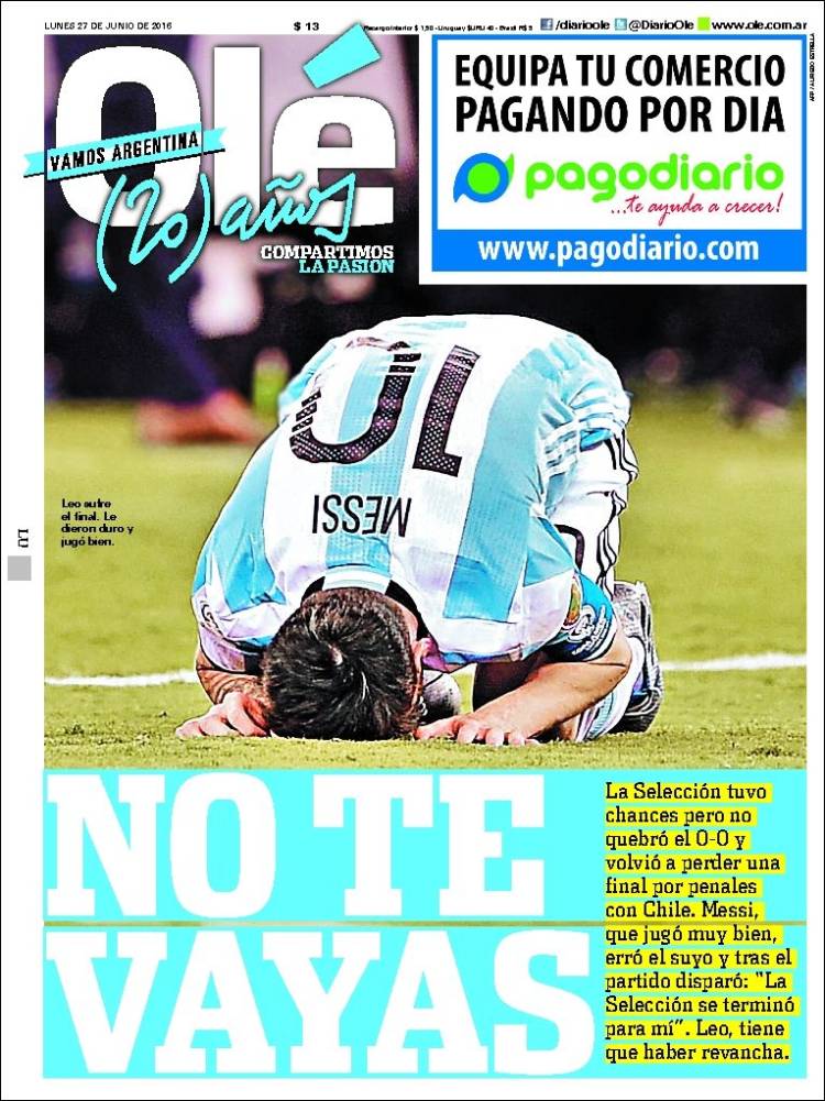 Portadas en Argentina tras perder la final de Copa América - olé