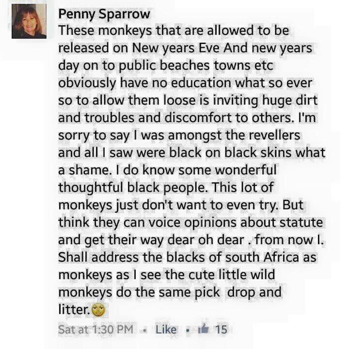 Multan a mujer sudafricana por post racista en Facebook - penny-sparrow-fb