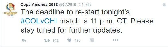 Chile vs Colombia se reanuda - tuit