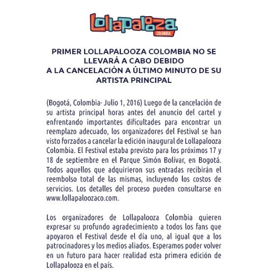 Cancelan primera edición del festival Lollapalooza en Colombia - Screenshot_1