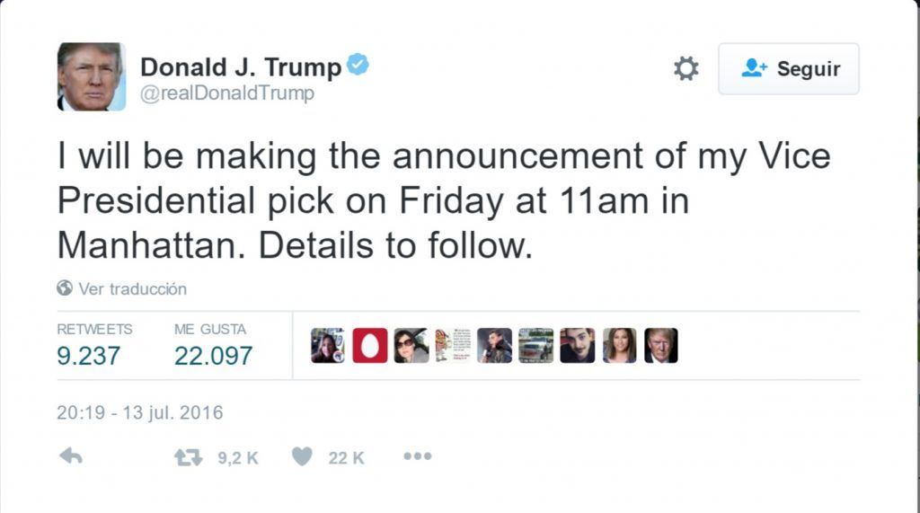 Donald Trump anunciará el viernes a su candidato a vicepresidencia - Tuit-Donald-Trump-1024x571