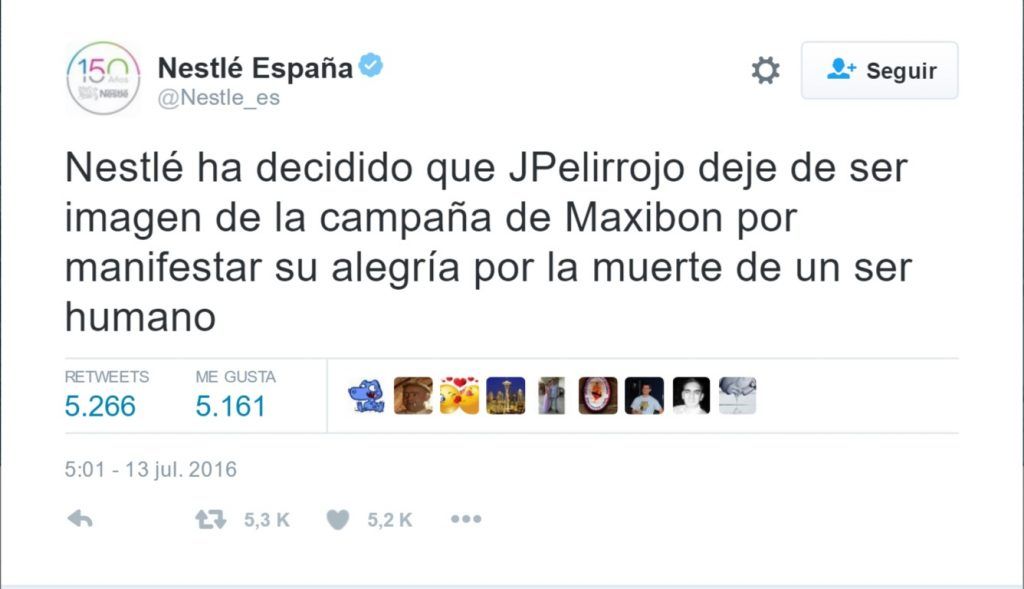 Nestlé despide a youtuber por celebrar la muerte de torero - Tuit-Nestlé-España-2-1024x589
