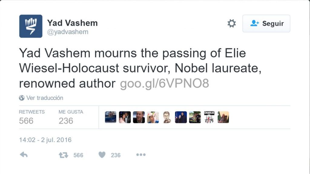 Ha muerto Elie Wiesel, sobreviviente del Holocausto y premio Nobel de la Paz - Tuit-Yad-Vashem-1024x574
