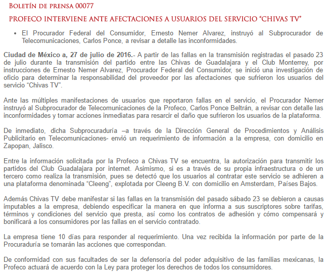 PROFECO investigará fallas del servicio en partido de Chivas TV - boletin-profeco