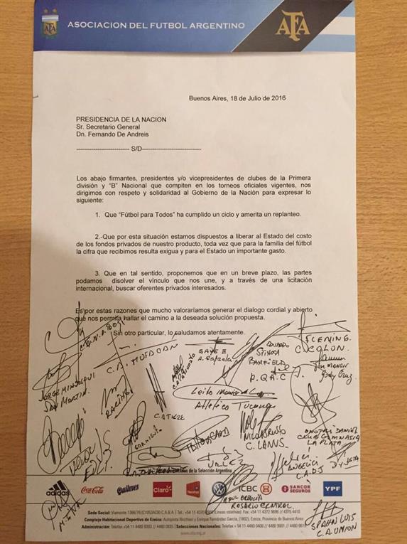 Clubes argentinos buscan romper contrato televisivo con el Estado - carta-futbol-para-todos-argentina