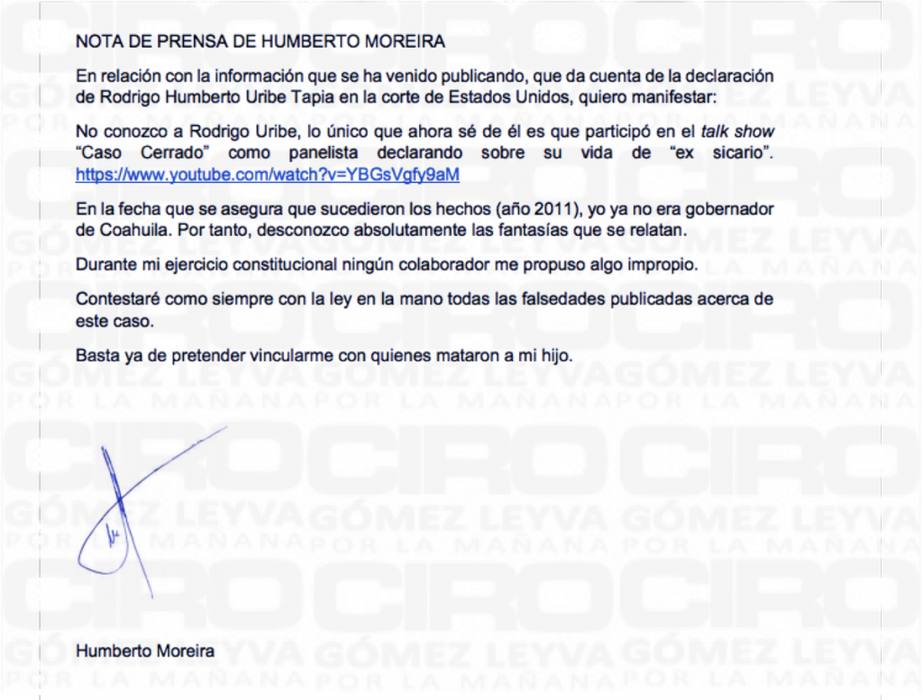 Humberto Moreira rechaza conocer a Rodrigo Tapia - carta-humberto-moreira-1024x777