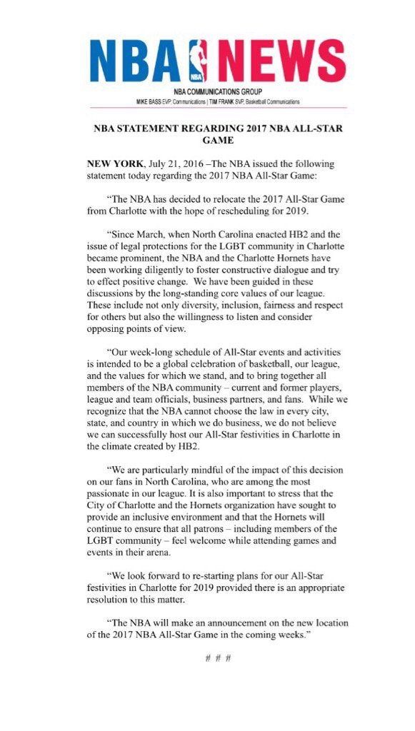 NBA quita la sede del Juego de Estrellas a Charlotte - comunicado-581x1024