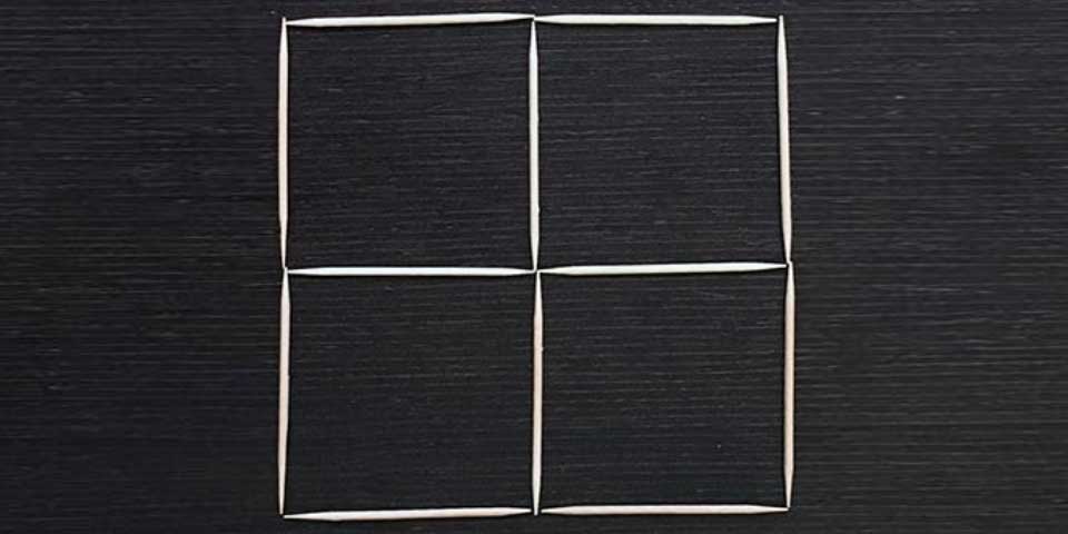 Transforma cuatro cuadrados de palillos en tres con tres movimientos Transforma cuatro cuadrados de palillos en tres con tres movimientos