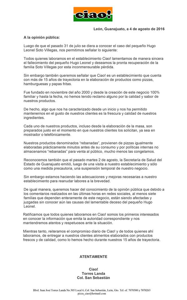 Pizzería involucrada en muerte de menor en León pide no juzgar a empleados - Pizza-Ciao