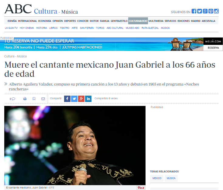 Así reaccionó la prensa estadounidense ante la muerte de Juan Gabriel - abc
