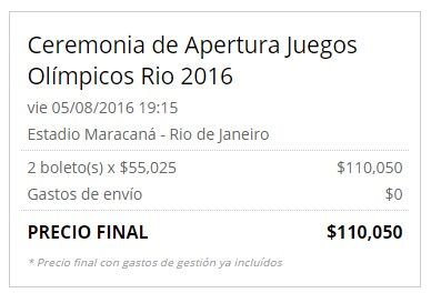 Hasta 55 mil pesos cuesta la entrada a la ceremonia inaugural de Río - boleto2