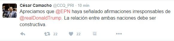 Las reacciones de políticos por la reunión Trump-EPN - cesar-camacho-quiroz-tuit