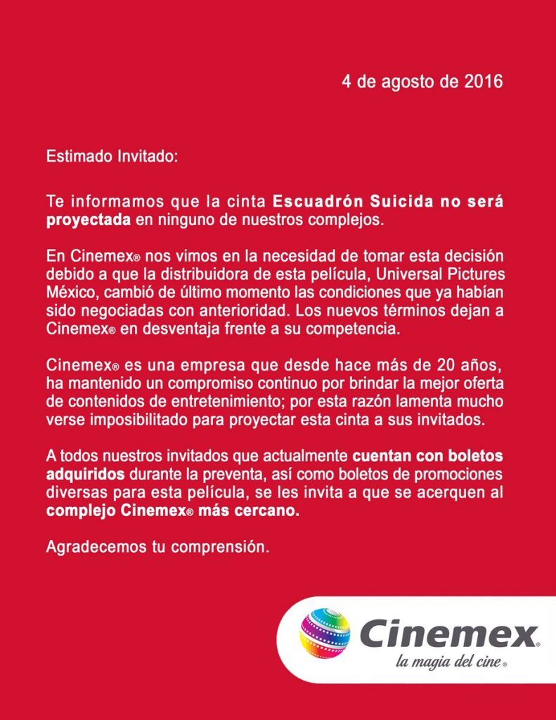 Cinemex no proyectará 'Escuadrón Suicida' en México - cinemex-suicide-squad-791x1024