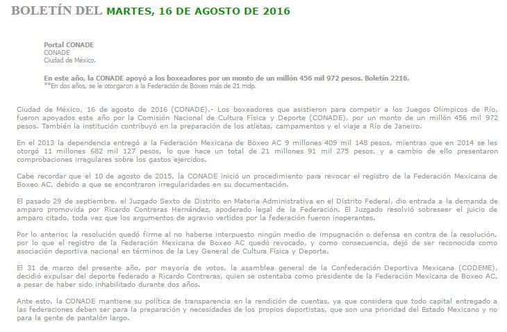 Sí se apoyó a boxeadores este 2016 con un millón de pesos: CONADE - comunicado-conade
