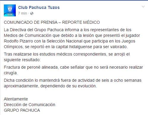 Pizarro fuera entre 6 y 8 semanas - comunicado-del-pachuca