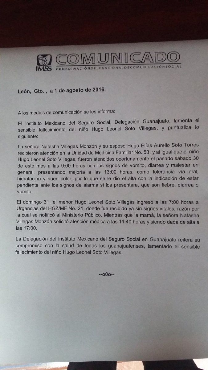 Investigan la muerte de un menor en Guanajuato tras comer pizza - comunicado-imms