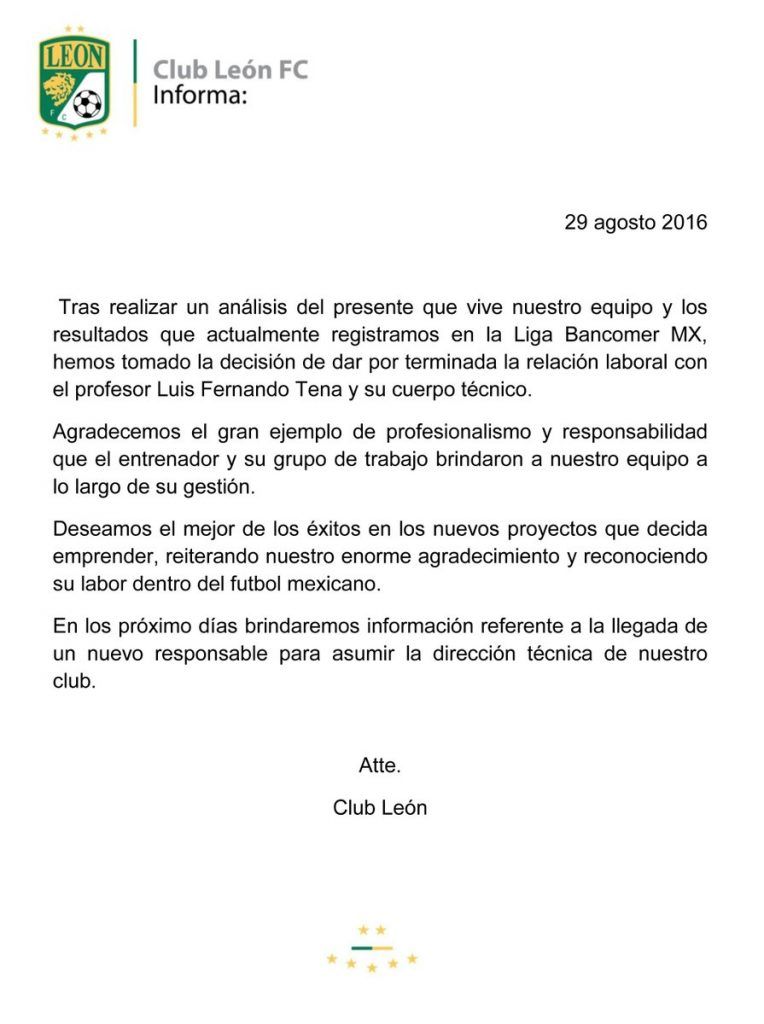 León destituye a Luis Fernando Tena - comunicado-león-764x1024