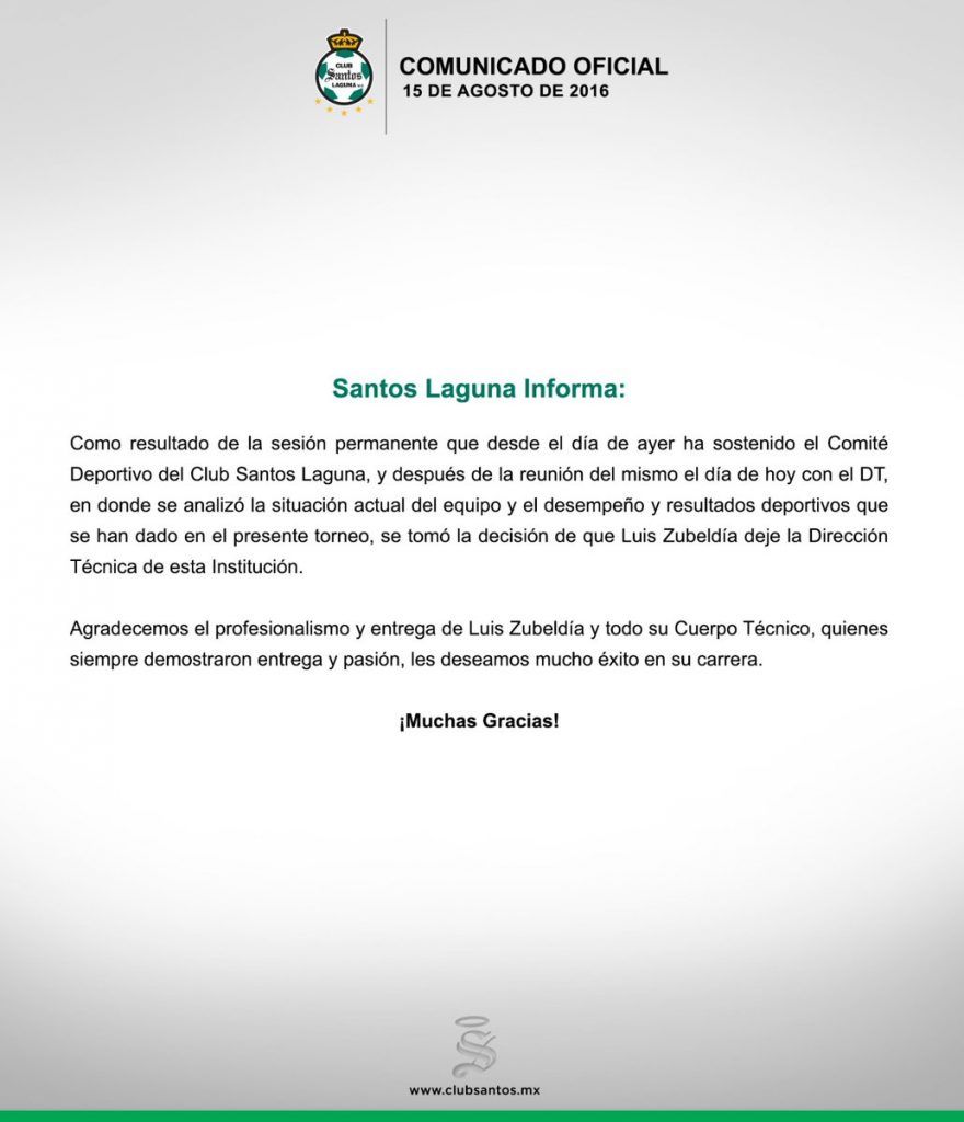 Santos cesa a Luis Zubeldía - comunicado-santos-880x1024
