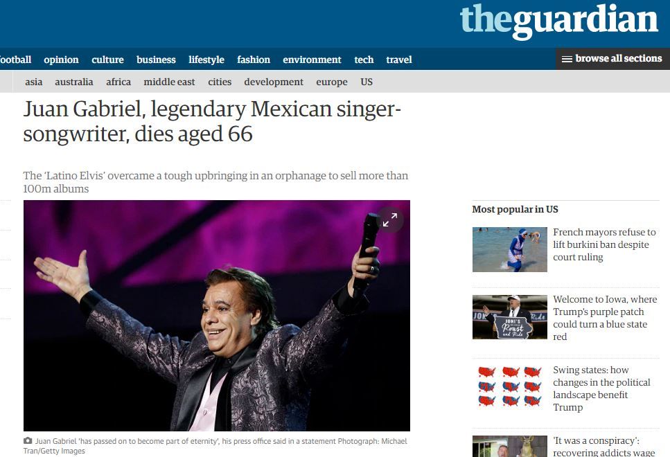 Así reaccionó la prensa estadounidense ante la muerte de Juan Gabriel - guardian