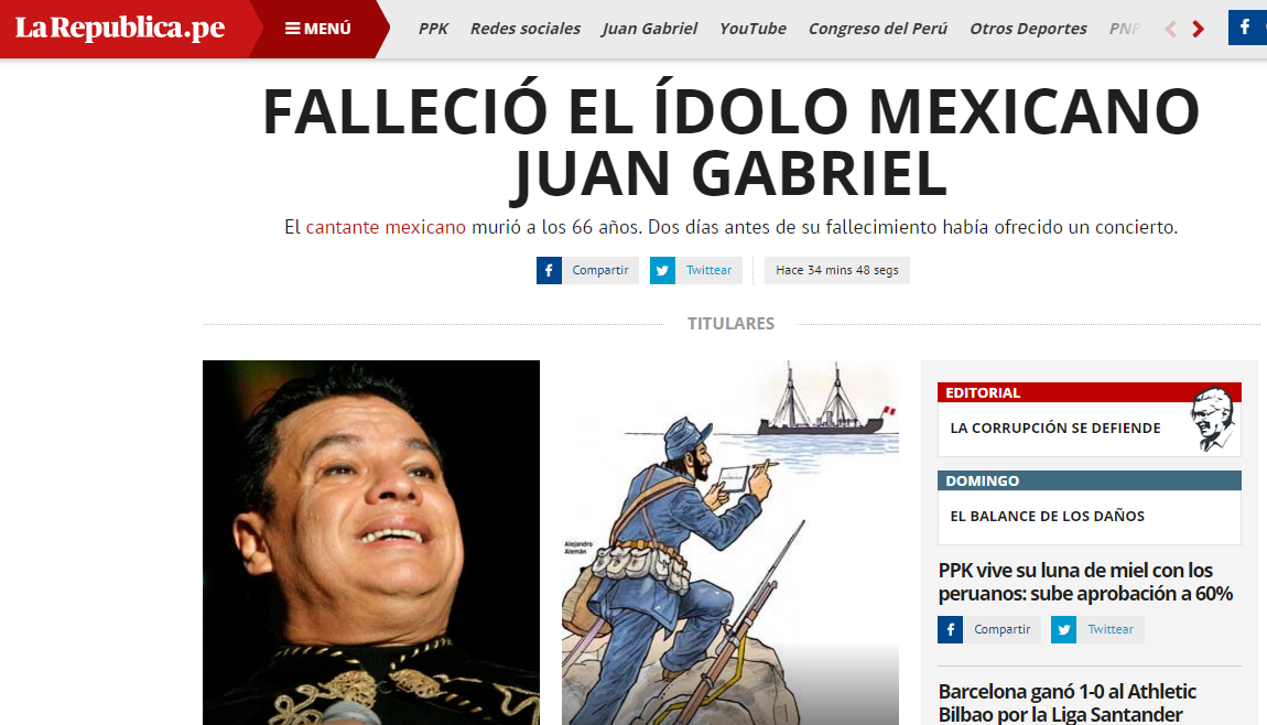 Así reaccionó la prensa estadounidense ante la muerte de Juan Gabriel - la-republica