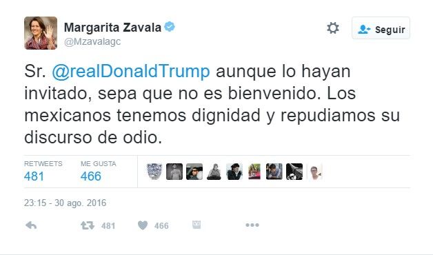 Aunque lo hayan invitado, Trump no es bienvenido: Margarita Zavala - margarita-zavala-tuit