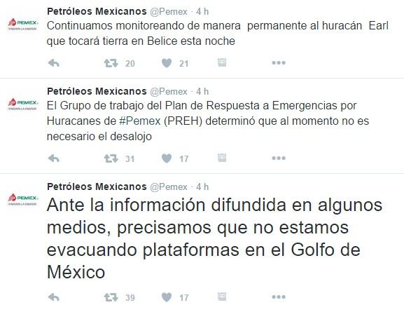 Pemex no desalojará plataformas por Earl - tuits-pemex