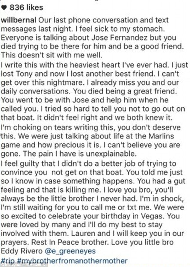 "Intenta mantener a José tranquilo": el mensaje de los amigos de José Fernández - bernal-instagram