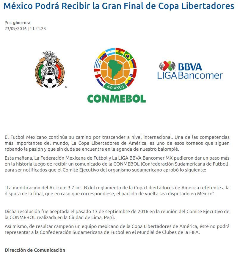 Final de vuelta de Copa Libertadores podría jugarse en México - comunicado-fmf