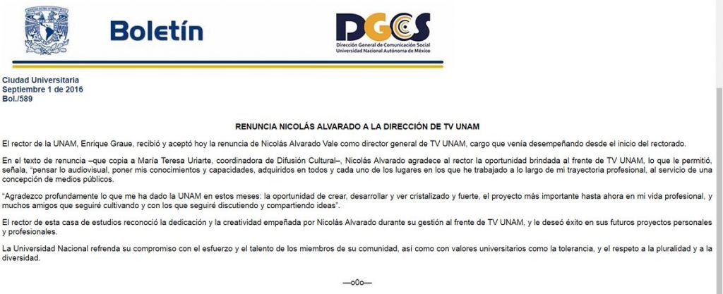Nicolás Alvarado renuncia a TV UNAM - comunicado-nicolas-alvarado-1024x417