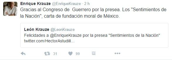 Enrique Krauze recibe presea Sentimientos de la Nación - tuit-krauze