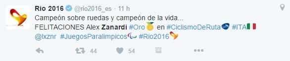 Expiloto de Fórmula 1 gana oro en Paralímpicos de Río 2016 - tuit-rio-2016-zanardi