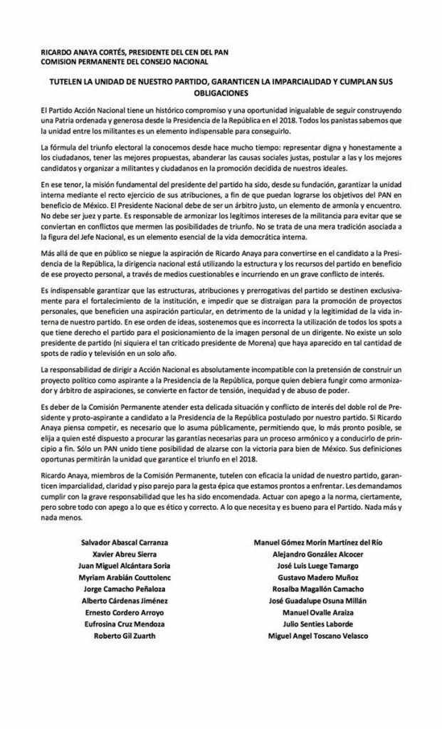 PAN crea comisión para dialogar con los inconformes con Ricardo Anaya - Carta-PAN-Ricardo-Anaya-621x1024