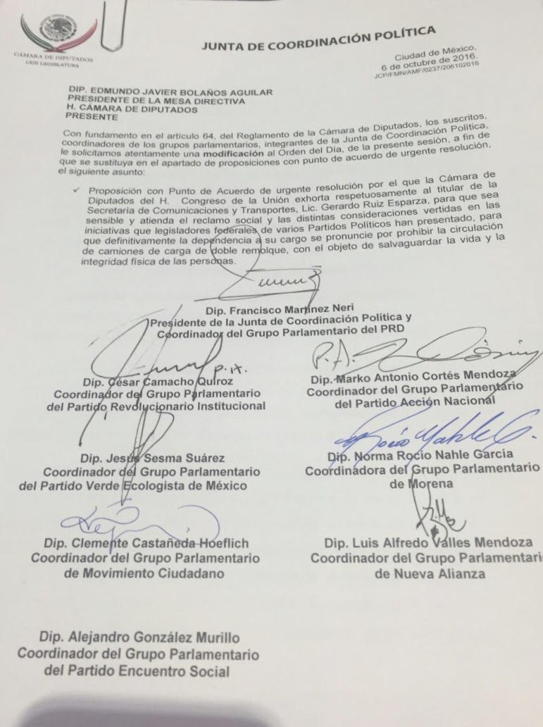 Diputados del PRI frenan punto de acuerdo pidiendo prohibir los doble remolque - acuerdo