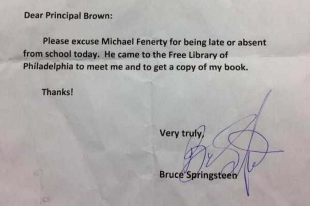 Bruce Springsteen firma justificante de niño que fue a conocerlo - bruce-springsteen-1024x683