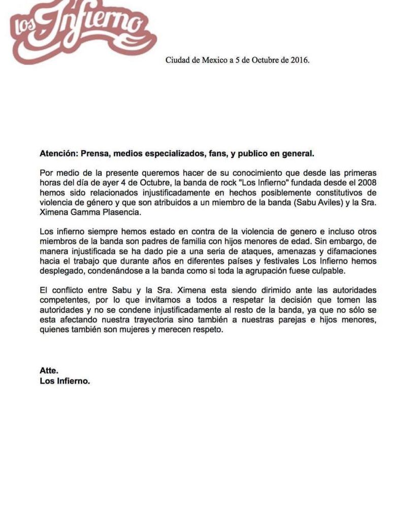 Banda de rock expulsa a su guitarrista después de que golpeó a su esposa - comunicado-1-819x1024