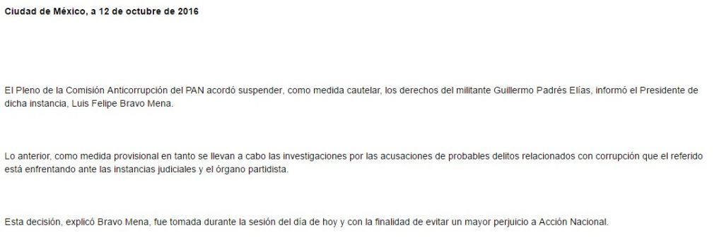El PAN suspende derechos como militante a Guillermo Padrés - comunicado-pan-1024x357