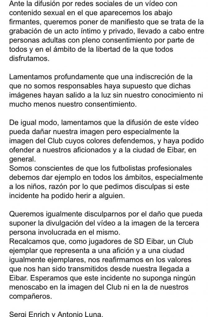 Futbolistas del Eibar se disculpan por video sexual - comunicado-sergi-enrich-671x1024