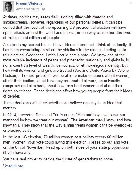 Emma Watson publica mensaje invitando a las mujeres de EE.UU. a votar - emma-watson