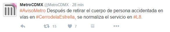 Muere persona en estación del Metro Cerro de la Estrella - tuit-cerro-de-la-estrella