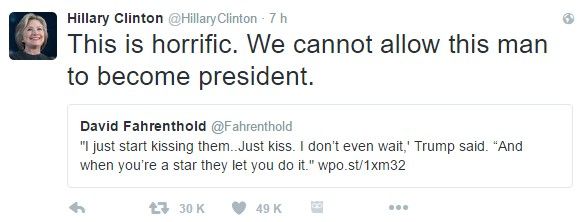 Llueven críticas a Trump tras escándalo sexual - tuit-clinton