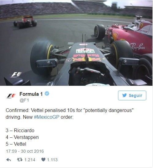 F1 sanciona a Sebastian Vettel y cede el tercer lugar a Daniel Ricciardo - tuit-f1