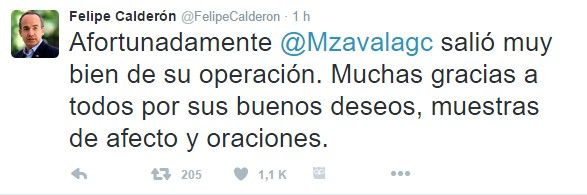 Operan con éxito a Margarita Zavala - tuit-felipe