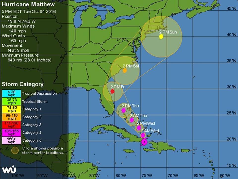 Florida bajo emergencia por huracán Matthew - wu-5-pm-1004