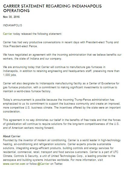 Trump ofreció ambiente competitivo: Carrier - carrier-comunicado