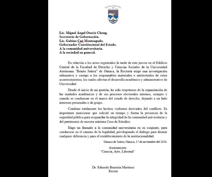 Once detenidos en toma de Facultad de Derecho en Oaxaca - comunicado-I