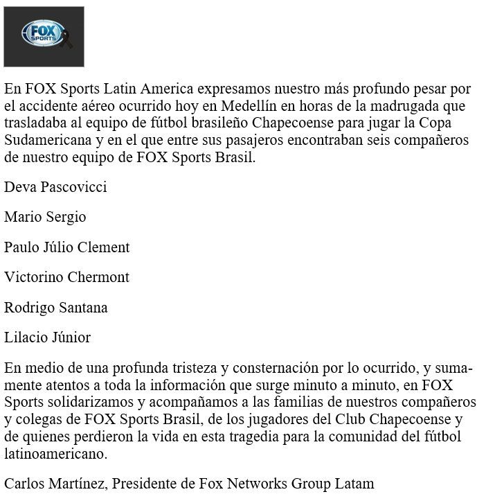 Seis empleados de FOX Sports murieron en accidente de avión - comunicado-fox-sports-chapecoense