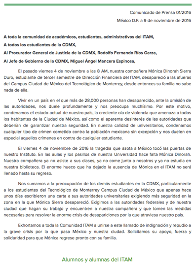 Estudiantes del ITAM exigen a autoridades encontrar a compañera - comunicado-itam